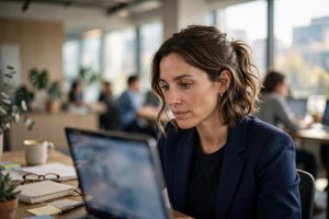 A professional woman working on a laptop in a bright modern office, representing AI agents arriving inside workplace apps.