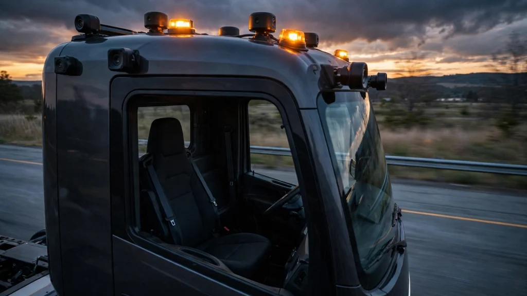 Editorial photograph of a driverless semi truck on an American highway at dusk with amber warning beacons glowing on the cab