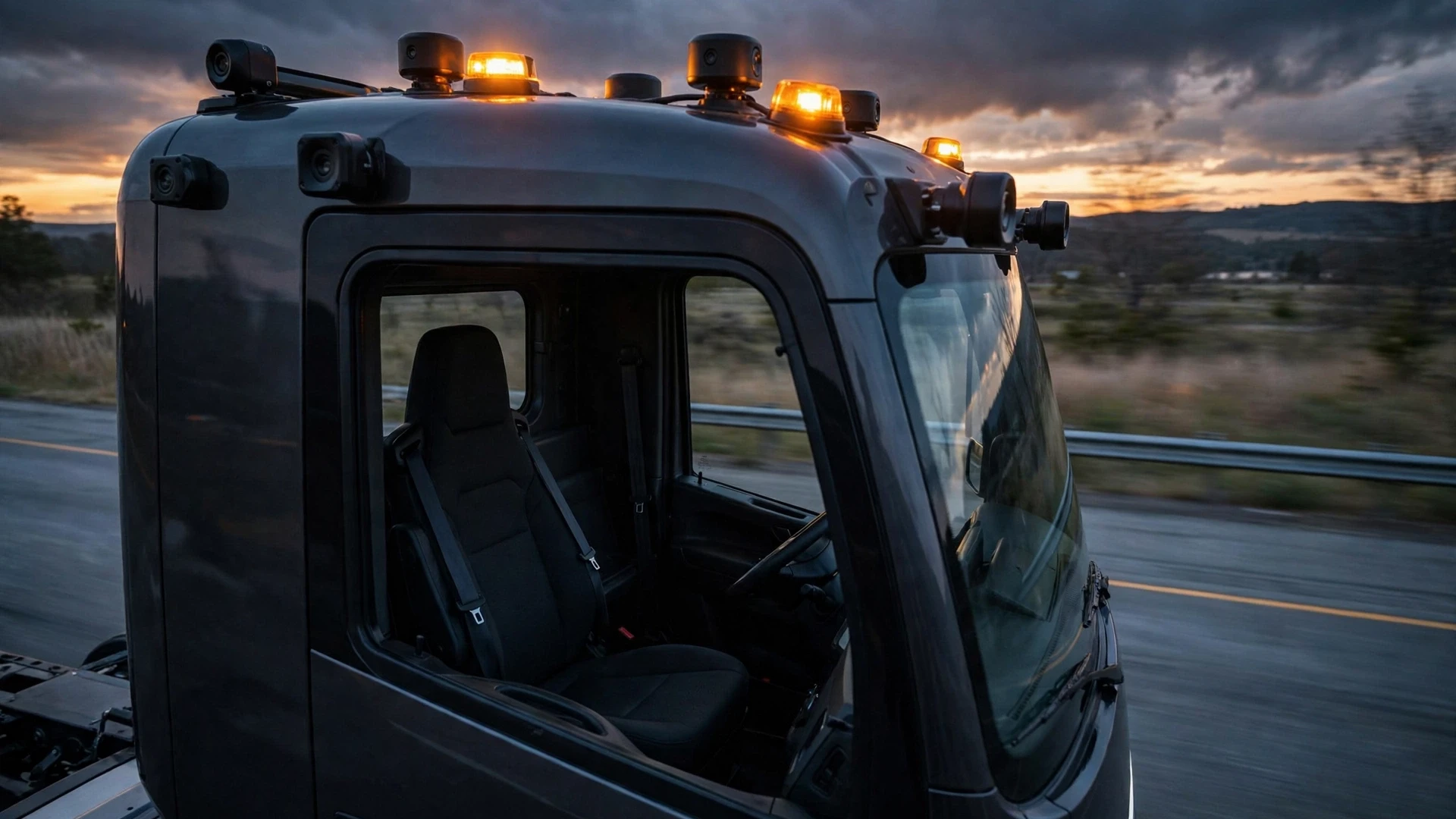 Editorial photograph of a driverless semi truck on an American highway at dusk with amber warning beacons glowing on the cab