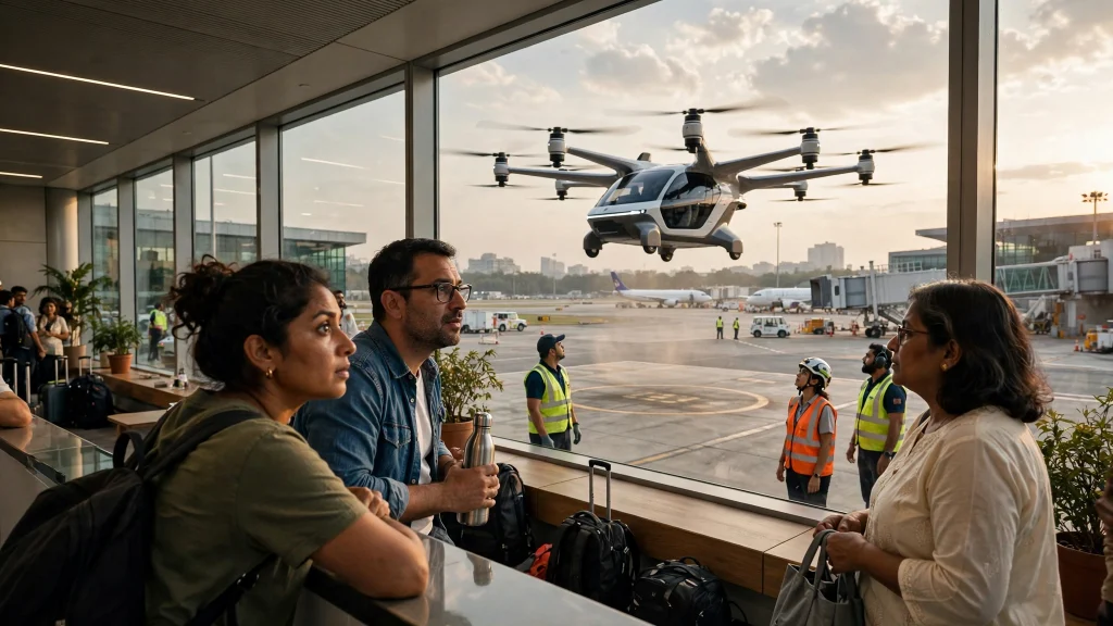 Editorial photograph of a compact electric air taxi lifting off a modern vertiport terminal at a busy Indian airport while travelers watch from a glass lounge