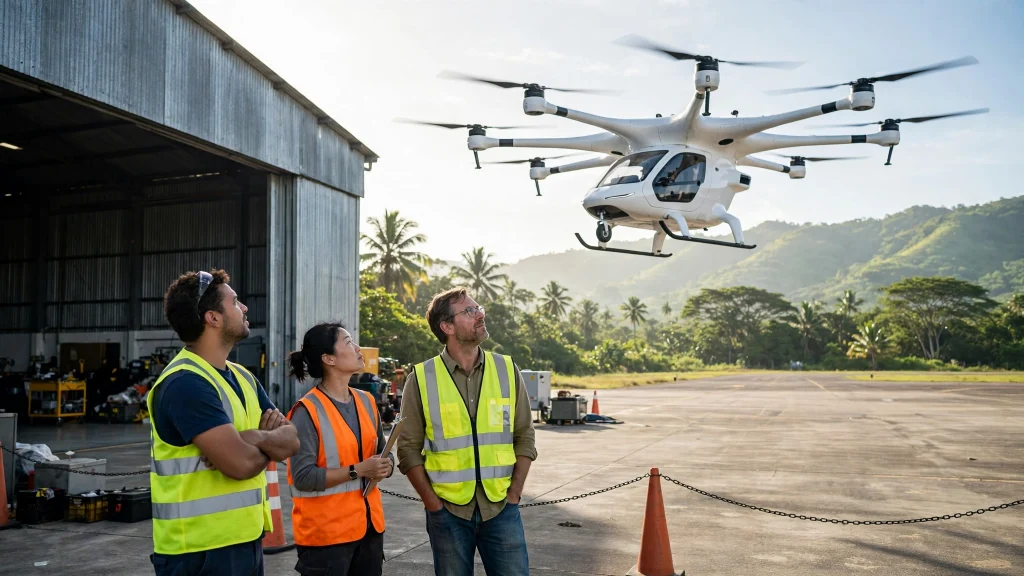 White eVTOL flying car prototype hovering over an airfield test facility in Brazil