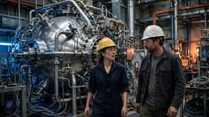 Two engineers in hard hats and safety glasses stand beside a large gleaming spherical steel machine in a fusion laboratory.