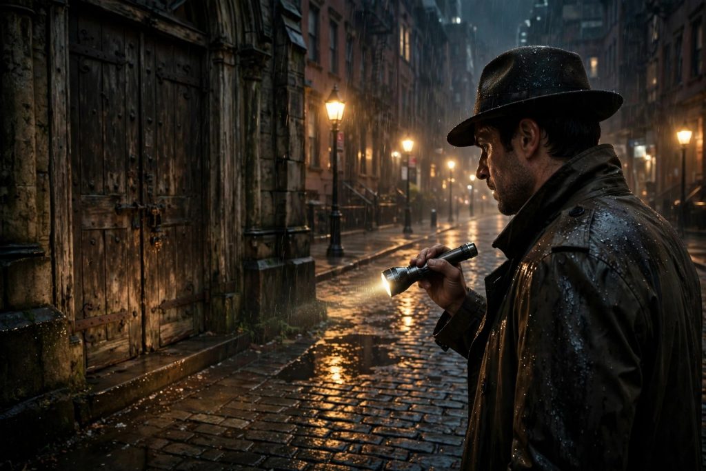 A rain-soaked city street at night with a church doorway glowing in the distance, evoking the procedural-noir mood of The Exorcist: Martyrs.