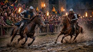 Two knights jousting on horseback in a torch-lit castle arena before a cheering crowd, original artwork inspired by the Medieval Times movie