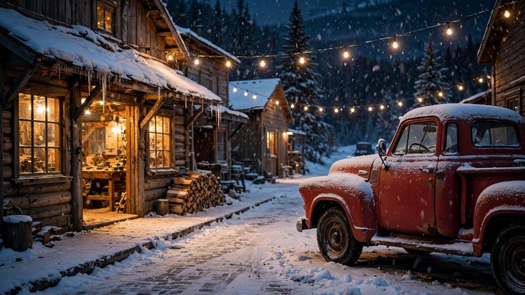 A cozy snow-covered village street at night with glowing windows and a vintage red truck in the snow.