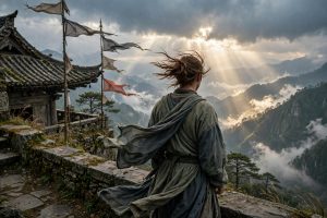 A lone traveler in wind-whipped robes standing on a stone overlook at a mountain temple, dramatic sunbeams breaking through storm clouds