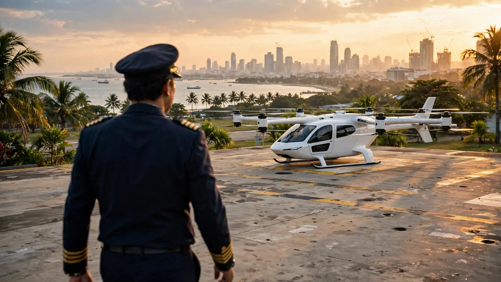 Editorial photograph of a sleek white Volant VE25 electric air taxi with multiple lift rotors on a Jakarta helipad at golden hour