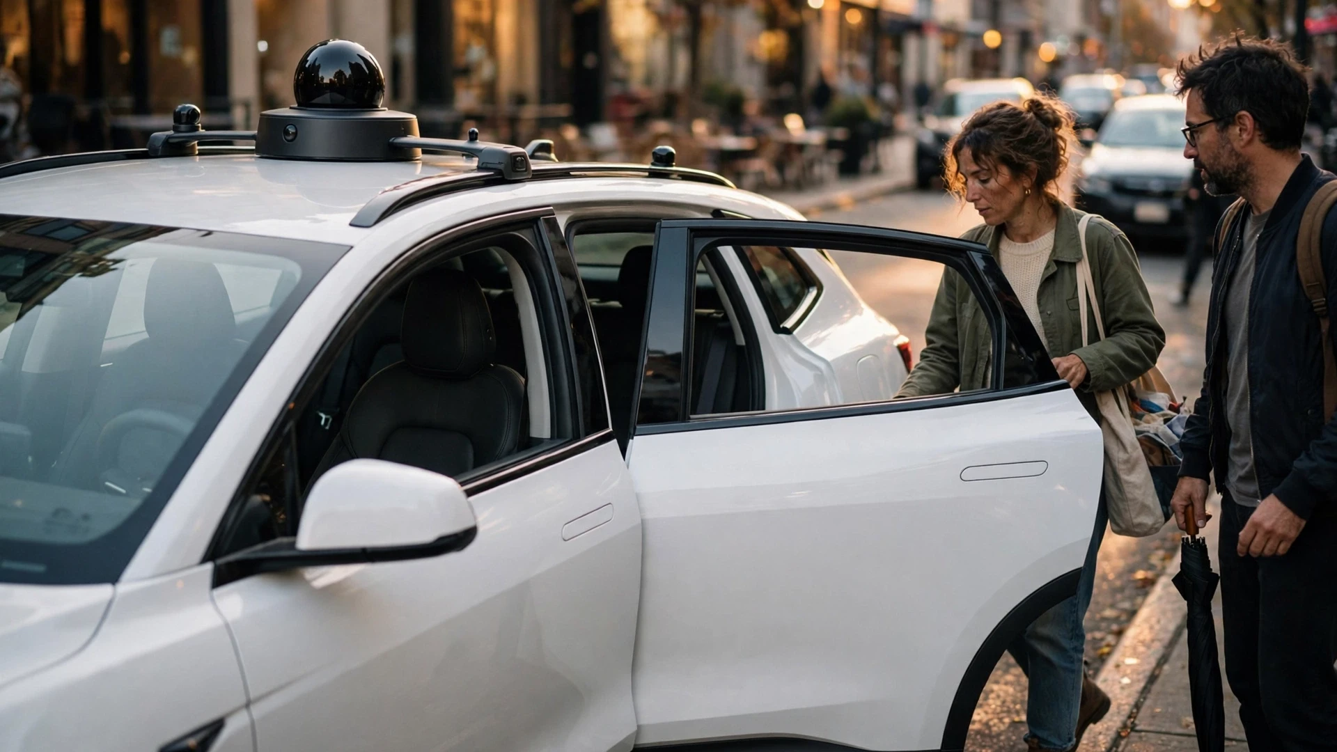 Editorial photograph of a white driverless SUV with a roof lidar dome picking up passengers at a city curb at golden hour